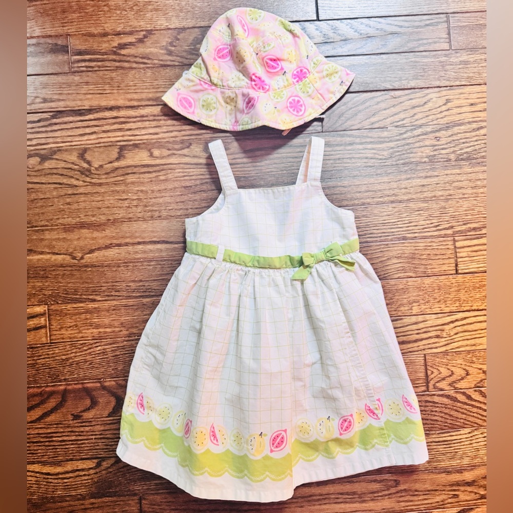 Girls Summer Lemony Fresh Fruit Print Sundress with Matching Hat